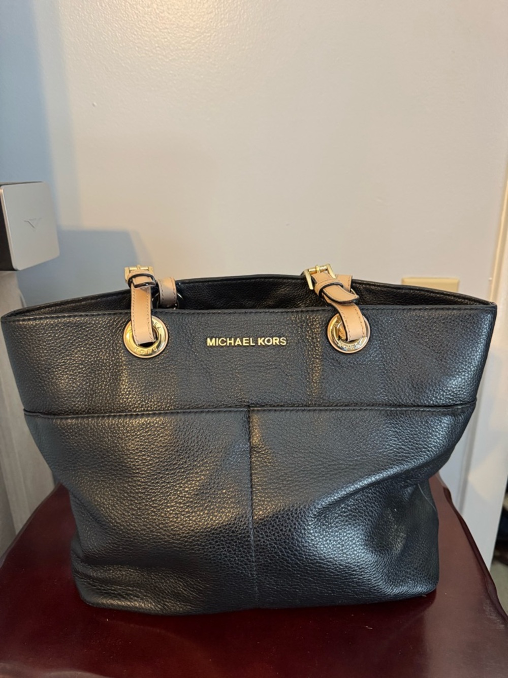 Michael Kors Black Leather Tote with Tan Handles and Gold Hardware